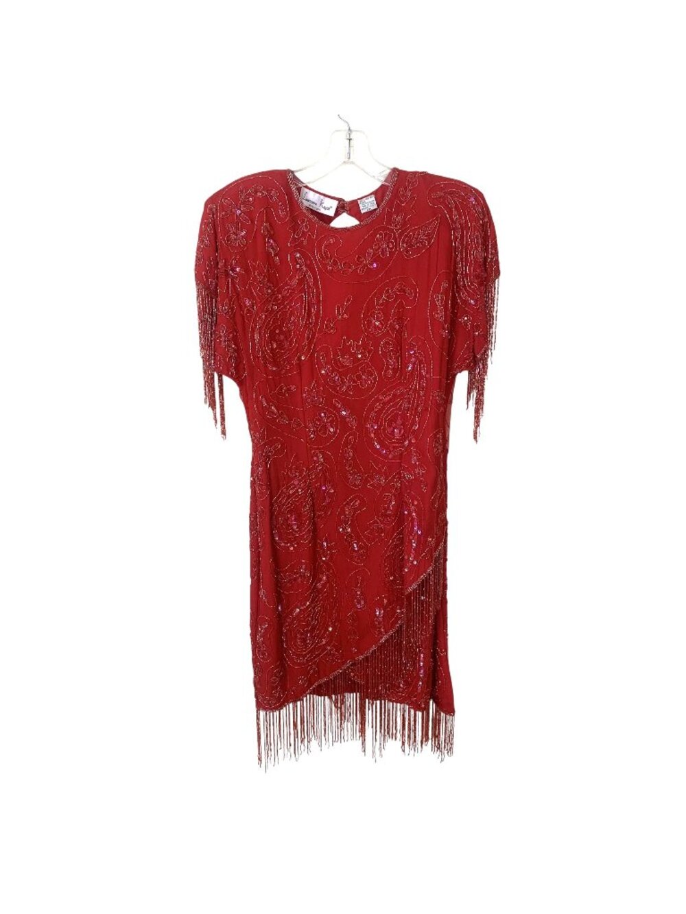 Vtg Womens Red Silk Beaded Dress Laurence Kazar Fringe Evening Dance Medium